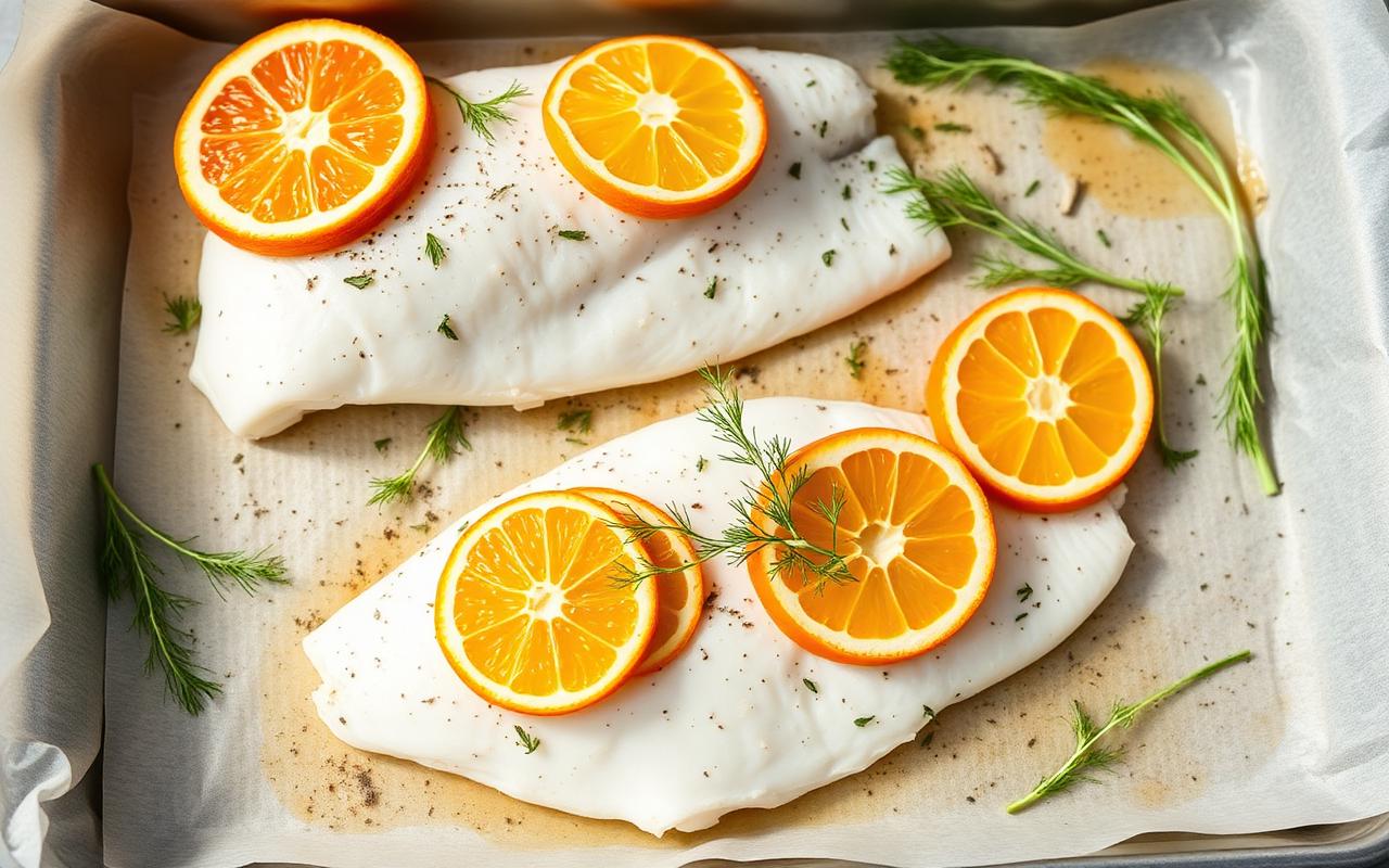 Baked white fish fillets with citrus slices and fresh dill