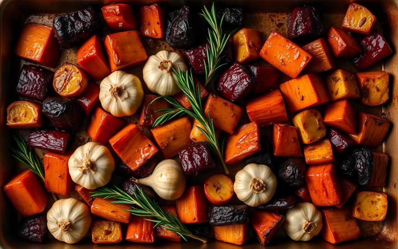 A sheet pan of caramelized roasted vegetables with garlic and herbs
