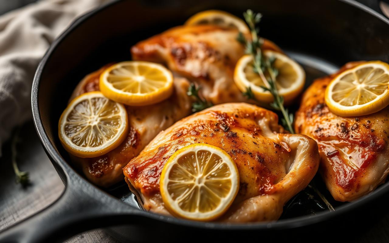 Golden roasted chicken thighs with lemon slices and thyme in a cast iron pan