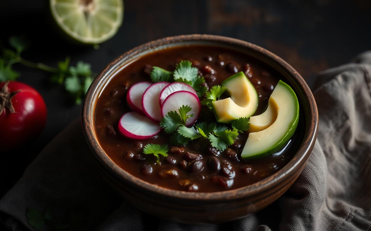 A bowl of smoky black bean soup topped with cilantro and lime