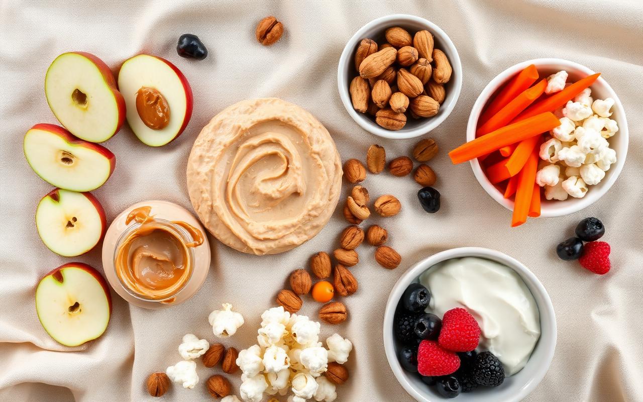 A spread of fresh fruit, unsalted nuts and vegetable sticks with dip