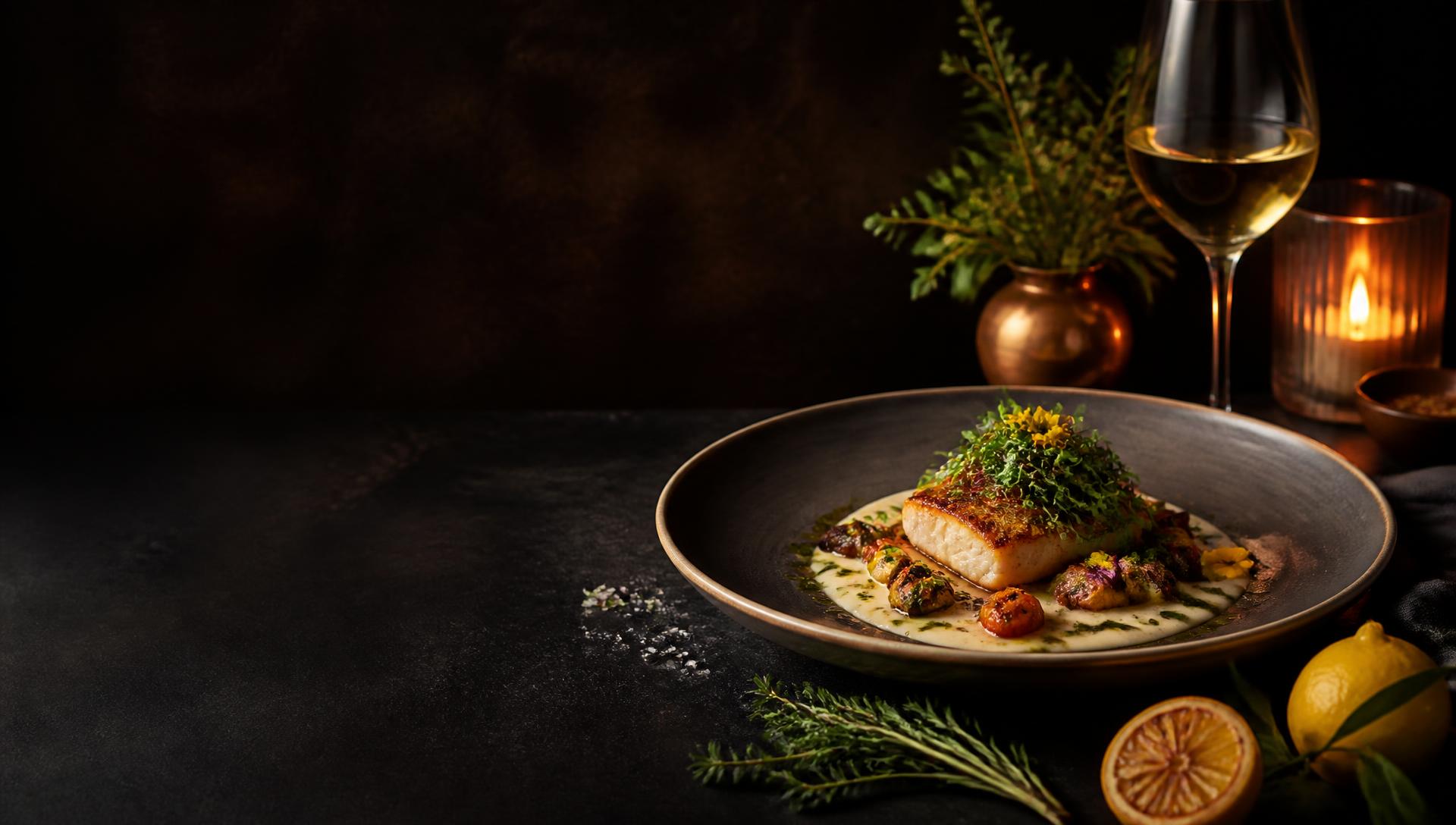 An elegantly plated restaurant dish with herbs, citrus and candlelight