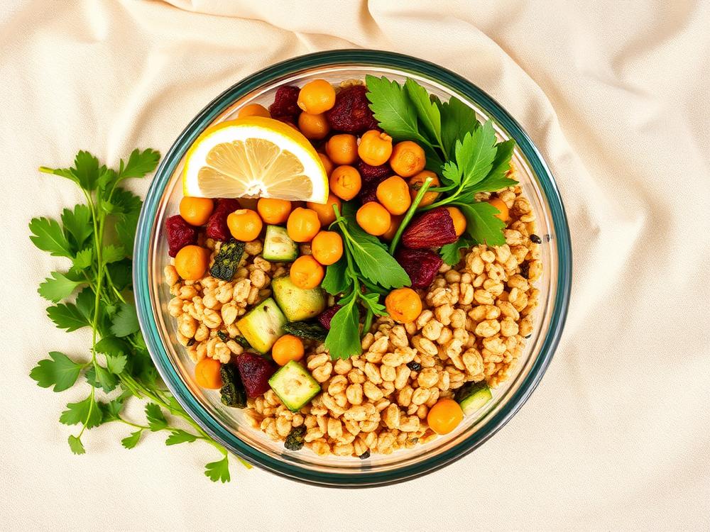 A glass container packed with a grain bowl, chickpeas, vegetables and lemon