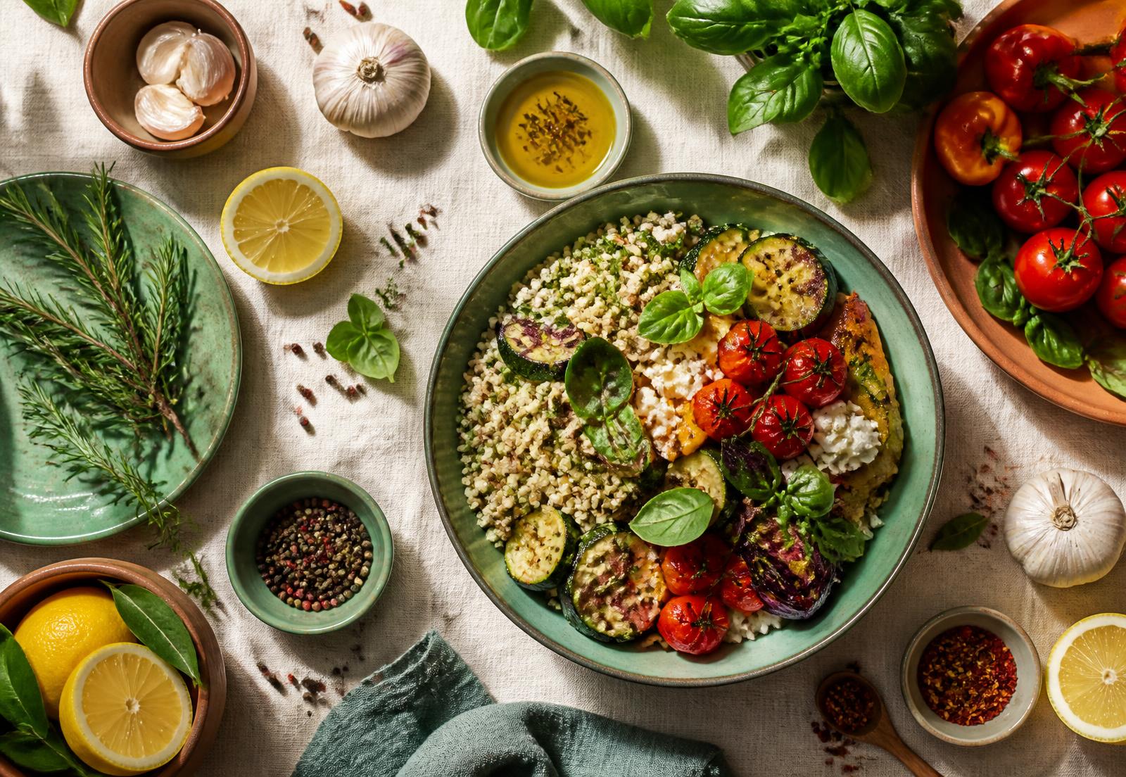 An overhead spread of a roasted vegetable grain bowl with herbs, lemon, garlic and spices